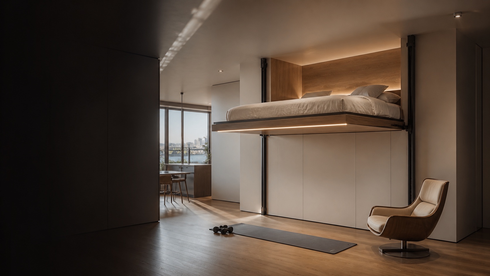 Apartamento contemporâneo com cama automatizada elevada horizontalmente em dois trilhos laterais