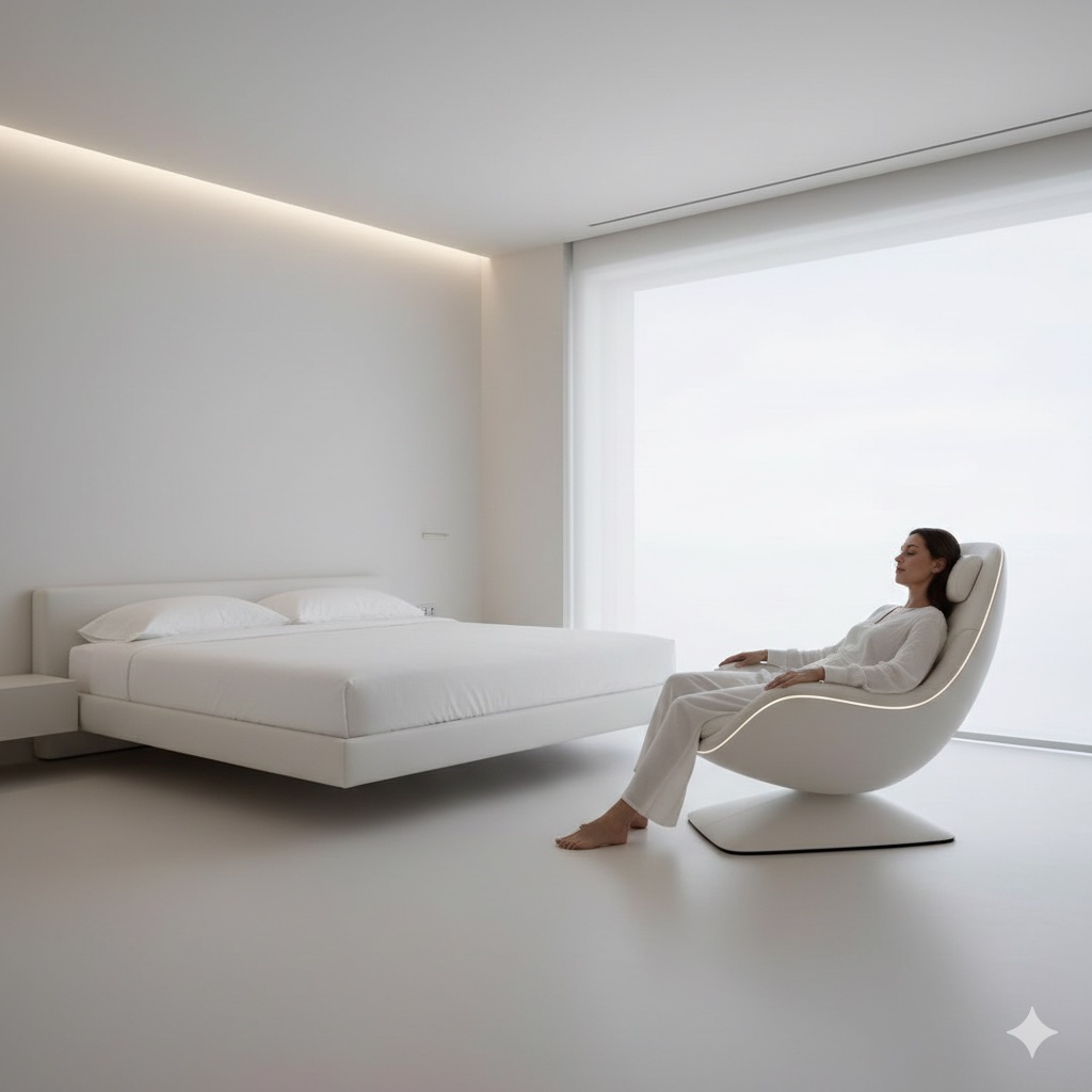 Quarto minimalista com iluminação suave e poltrona de relaxamento